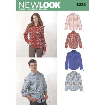New Look Sewing Pattern Misses' and Men's Button Down Shirt 6232A 8 -18 / XS -XL
