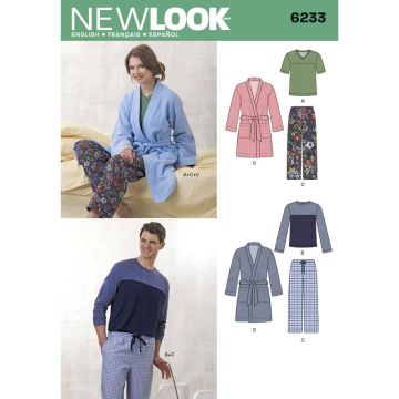 New Look Sewing Pattern Unisex Pants, Robe and Knit Tops 6233A XS-XL