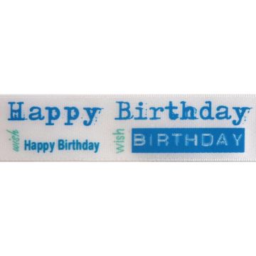 Reel of Satin Happy Birthday Ribbon Code B Baby Blue on White 25mm x 3m