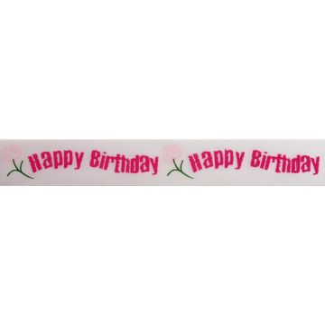 Reel of Happy Birthday Rose Ribbon Code B Hot Pink on White 25mm x 3m