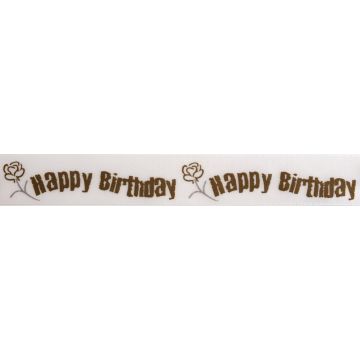 Reel of Happy Birthday Rose Ribbon Code B Gold and Silver on White 25mm x 3m