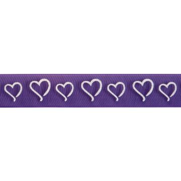 Reel of Curly Hearts Ribbon Code C White on Purple 15mm x 3.5m