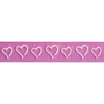 Reel of Curly Hearts Ribbon Code C White on Hot Pink 15mm x 3.5m