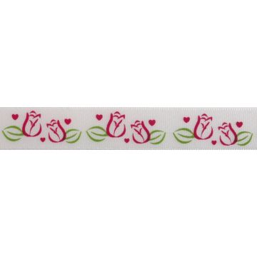 Reel of Roses Ribbon Code B Hot Pink and Green on White 15mm x 3.5m