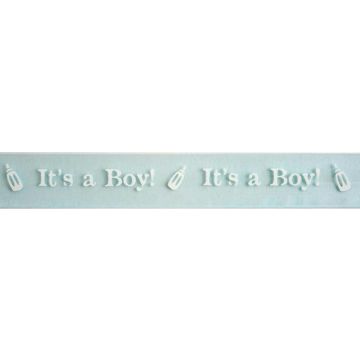 Reel of Its A Boy Ribbon Code C White on Baby Blue 25mm x 3m
