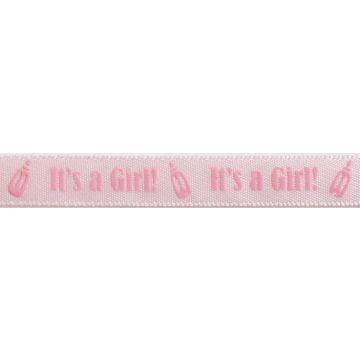 Reel of Satin Its A Girl Bottle Ribbon Code B White on Baby Pink 10mm x 4m