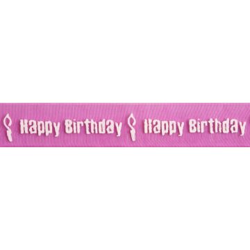 Reel of Happy Birthday and Candle Ribbon Code C White on Hot Pink 15mm x 3.5m