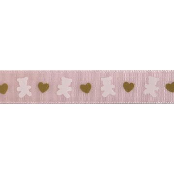 Reel of Teddy Bear Ribbon Code B White Tan on Baby Pink 15mm x 3.5m