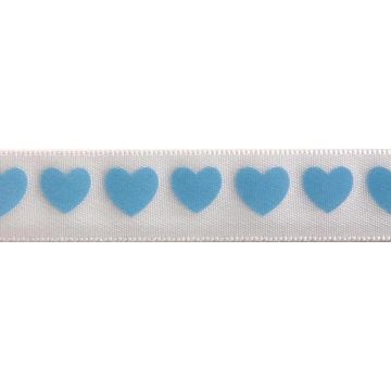 Reel of Satin Heart Print Ribbon Code A Baby Blue on White 6mm x 4m