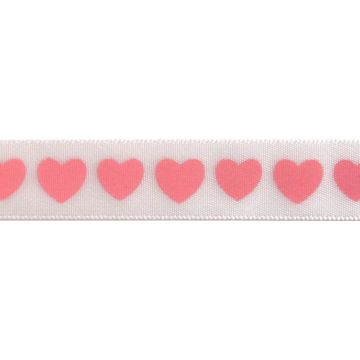 Reel of Satin Heart Print Ribbon Code A Baby Pink on White 6mm x 4m