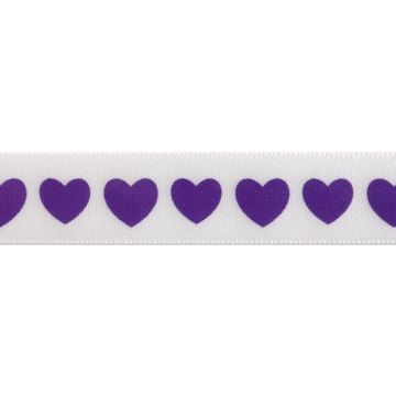 Reel of Satin Heart Print Ribbon Code A Purple on White 6mm x 4m