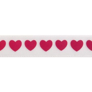 Reel of Satin Heart Print Ribbon Code A Hot Pink on White 6mm x 4m
