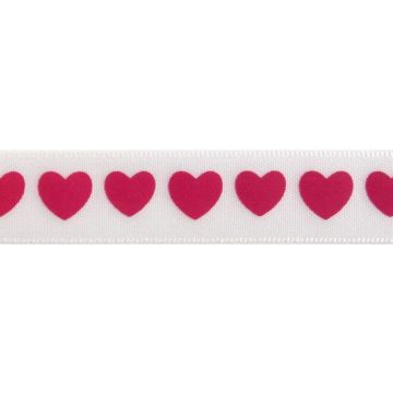 Reel of Satin Heart Print Ribbon Code B Hot Pink on White 16mm x 4m