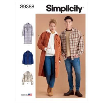 Simplicity Sewing Pattern 9388 (A) - Unisex Shirt Jackets XXS-XXL SS9388A XXS-XXL