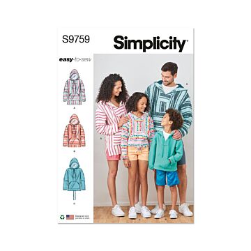 Simplicity Sewing Pattern 9759 (A) Childrens, Teens and Adults' Hoodie  XS-XL