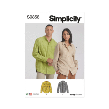 Simplicity Sewing Pattern 9858 (A) Unisex Shirts  XS-S-M-L-XL-XXL