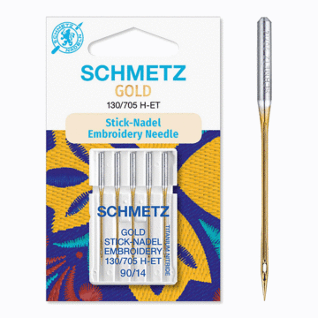 Schmetz Sewing Machine Needles: Gold Embroidery  90(14) x 5 Pcs