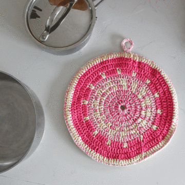 Mosaic Trivet Crochet by Emma Munn in Sirdar Happy Cotton, Ricorumi Spin Spin & Rico Essentials Cotton DK
